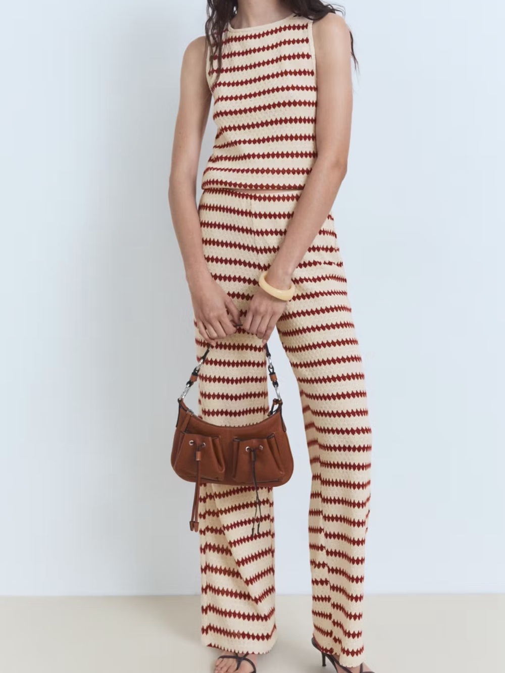 Mango Cream & Red Sleeveless Wide-Leg Knit Set